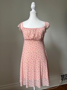 SEE YOU MONDAY Pink Floral Cottage Summer Ruffle Preppy Mini Dress Size Medium